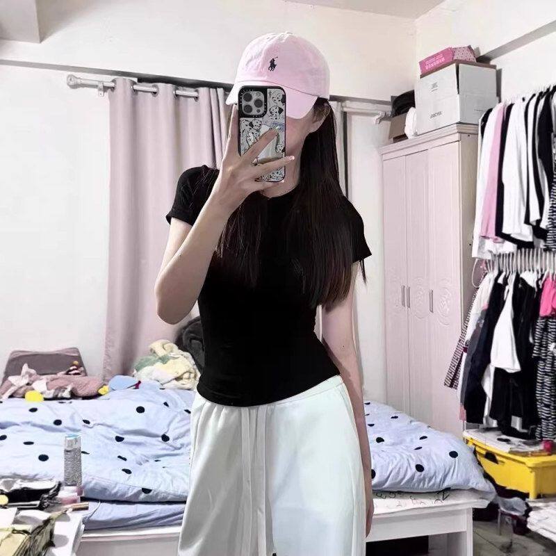黑色纯欲T辣妹打底发财上衣短袖桖女宅女显瘦收腰同款正肩紧身