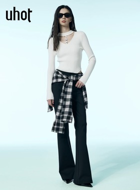 uhot/诱货白色镂空修身坑条针织衫女半高领精致性感新款UWWW4Z306