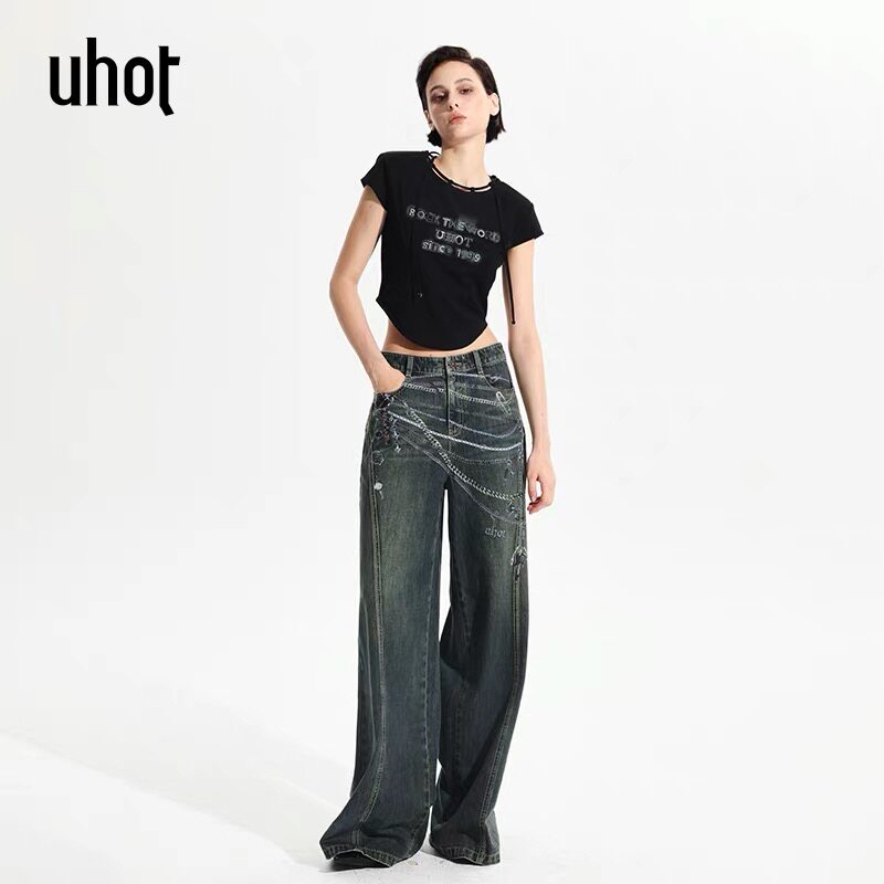uhot/诱货黑色字母印花T恤女性感镂空露背辣妹百搭显瘦 UWWR4T338
