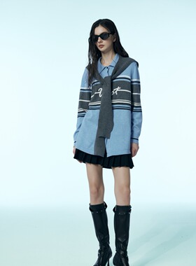 uhot诱货/蓝灰条纹拼色针织衫可拆卸披肩休闲随性25新款UWWW1Z110