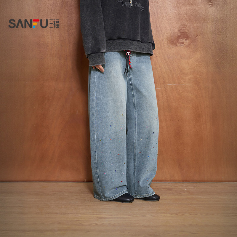 三福牛仔裤2026新款春季五彩烫钻时尚宽松弯刀裤长裤子女装516344