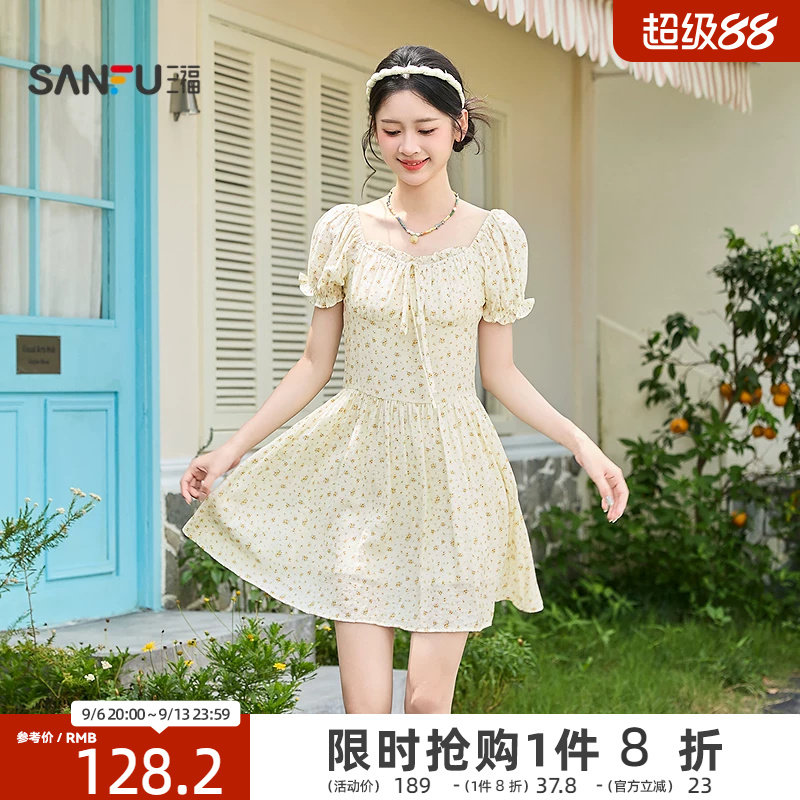 三福泡泡袖连衣裙2026新款夏季甜美绑带收腰碎花短裙子女装522021图片