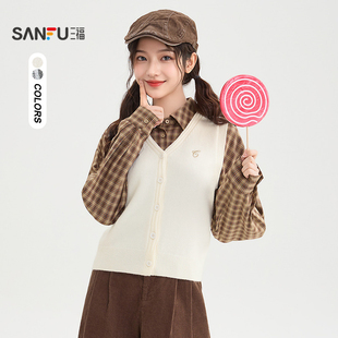 三福毛织马甲女2025新款秋季都市刺绣宽松短款开衫外套女装510206