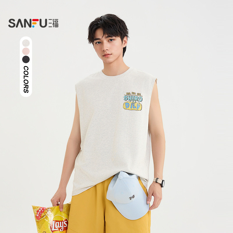 三福2026夏季男士趣味字母图案宽肩背心 休闲圆领上衣男502010