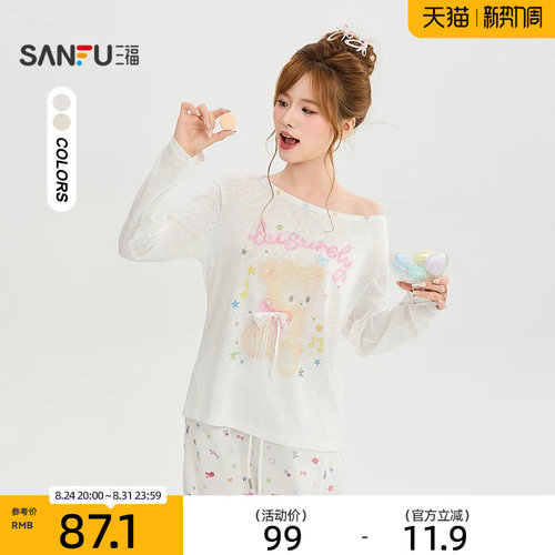 三福长T恤2026秋季小熊蝴蝶结斜肩彩扣宽松罩衫女装529416