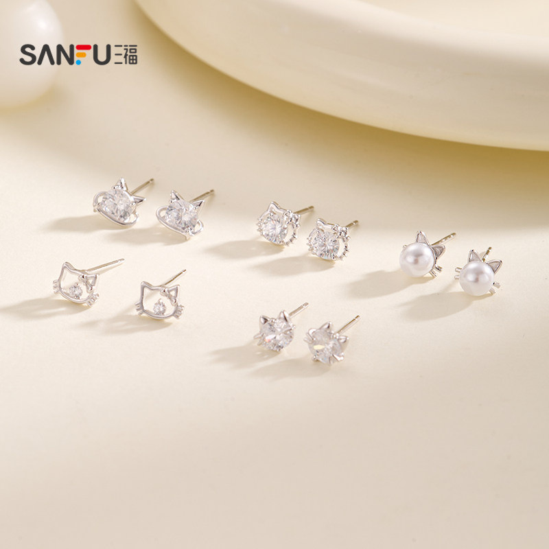 三福925银萌宠猫猫耳钉一对 可爱时尚首饰配饰耳环849986