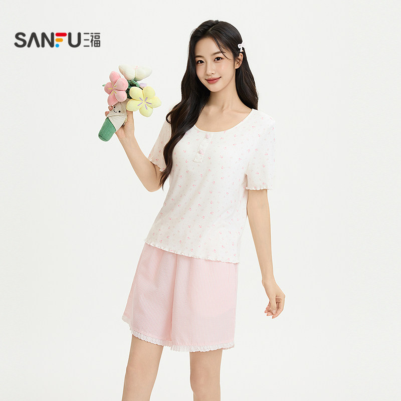三福女夏季碎花条纹睡衣套装 多巴胺甜美风宽松家居服525576