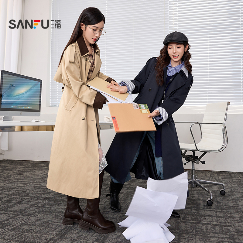 三福风衣长款新款2025秋季可拆翻领腰带收腰气质外套女装507325