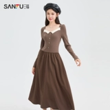 Демисезонное платье, модный приталенный корсет, лонгслив, юбка, французский стиль, квадратный вырез