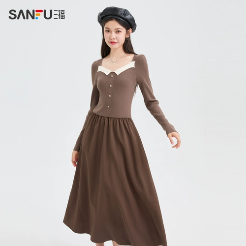 Демисезонное платье, модный приталенный корсет, лонгслив, юбка, французский стиль, квадратный вырез