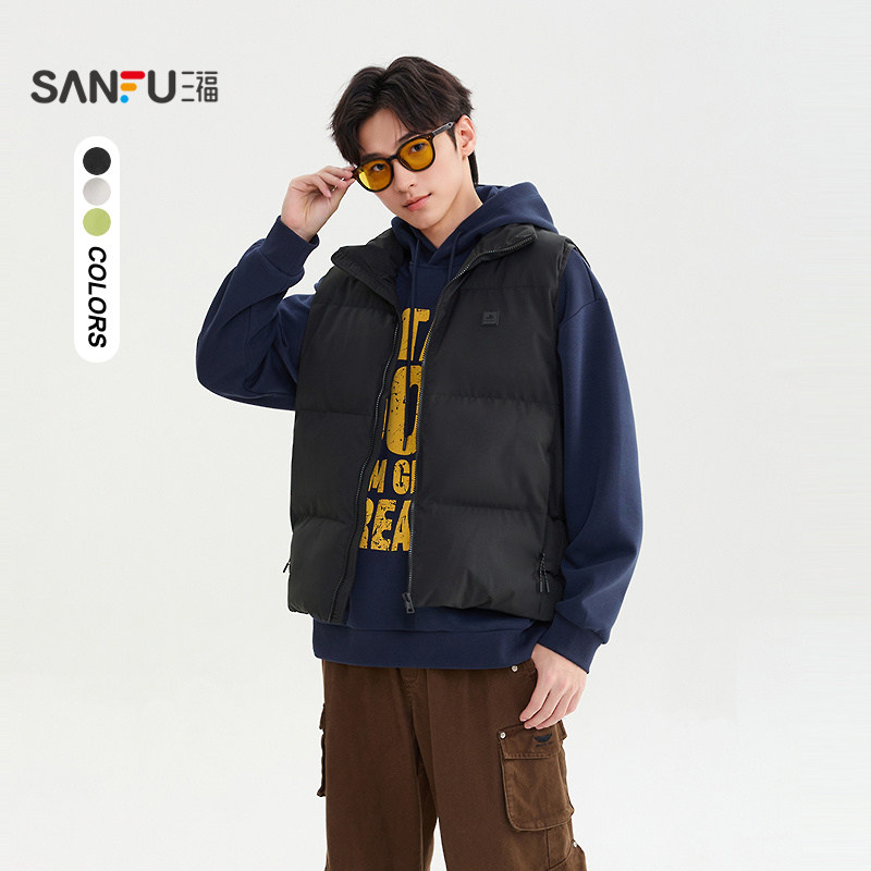 三福2025冬季男士豆腐块立领棉马甲 宽松落肩外套505825