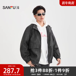 蜡染PU皮衣夹克 满版 潮酷大口袋外套510052 男士 三福2025冬季