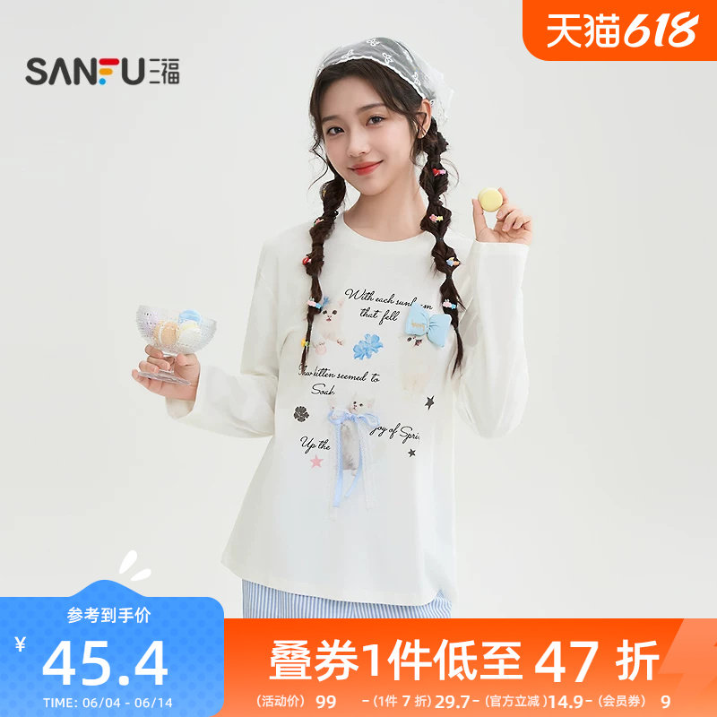 三福长袖T恤女2026新款春季萌宠印花圆领宽松时尚上衣女装519108
