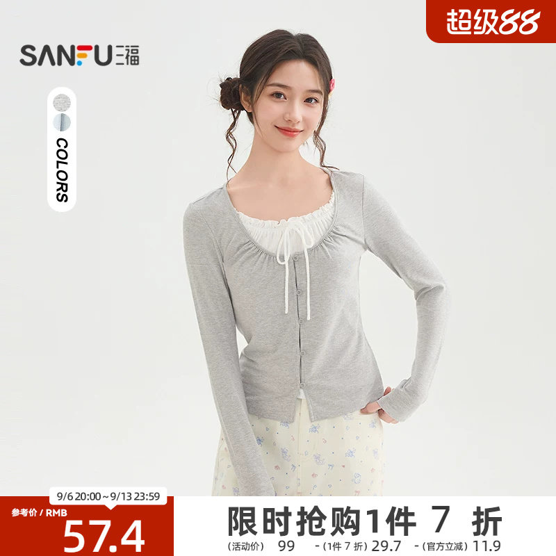 三福长袖T恤女2026新款春季小个子绑带假两件短款上衣女装517366图片