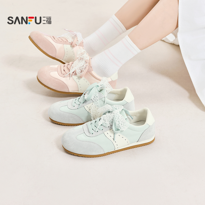 三福低帮板鞋女夏季韩系少女蕾丝鞋带浅色系百搭德训鞋女鞋842191