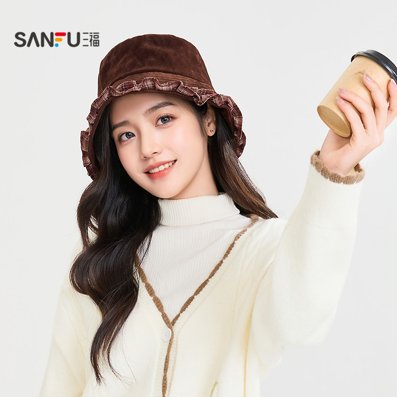 三福淑女风麂皮荷叶边渔夫帽 优雅服饰配件配饰帽子849661