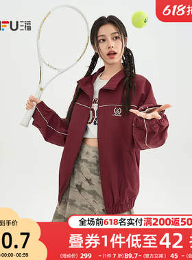 三福红色外套女2026春季高级感插肩袖夹克翻领宽松上衣女装519642