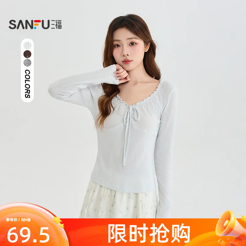 三福长T恤2026秋季绑带花边V领简约合身短款上衣女装530818