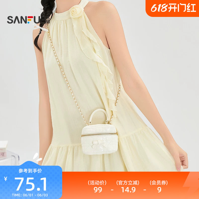 三福手提包夏季甜美少女风软萌蝴蝶结迷你盒子包女包524247