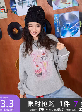 三福宽松卫衣2026新款春季冰淇淋印花圆领灰色套头上衣女装515250