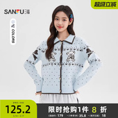 小熊图案翻领宽松波点上衣女装 冬季 513493 女2025新款 三福毛衣开衫