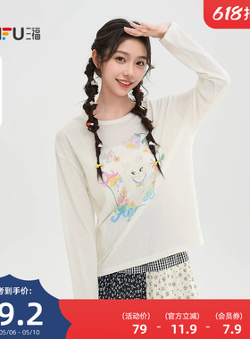 三福长袖T恤女2026新款春季猫咪花朵印花圆领宽松上衣女装519083