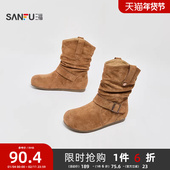 三福女中靴秋季 都市游牧风双耳朵褶皱一字带堆堆靴女鞋 846810