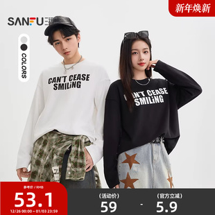 t恤男简约潮酷字母情侣休闲宽松圆领打底衫 三福2025秋冬新款 长袖