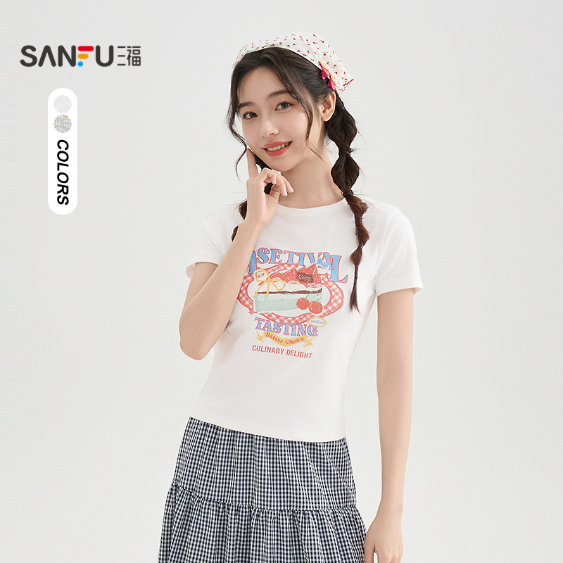 三福短袖T恤女2026新款夏季水果蛋糕印花短款圆领上衣女装521298