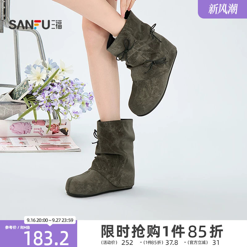 三福女靴鞋复古废土风蝴蝶结圆头勃肯鞋时尚休闲女鞋863215