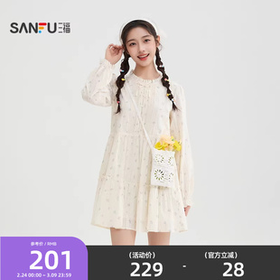 三福连衣裙女2026新款春季碎花长袖花边圆领宽松短裙子女装519096