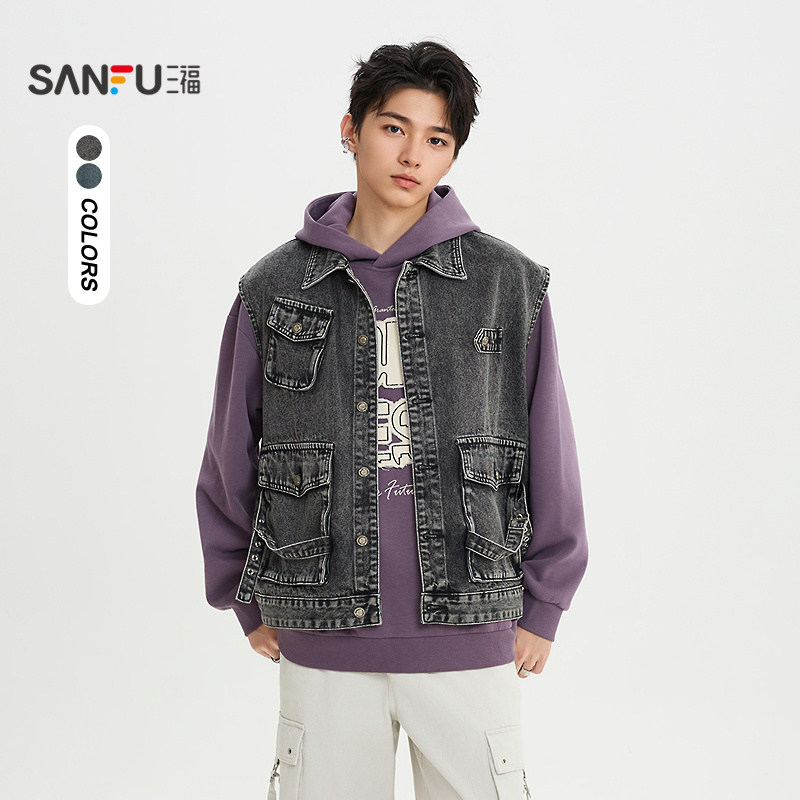 【明星同款】三福2026春季做旧工装牛仔马甲男多口袋外套515585