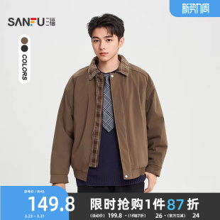 休闲宽松棉服外套514798 假两件格子翻领短棉衣 三福2025冬季 男士
