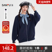 三福开衫 513136 格子连帽宽松加绒外套上衣女装 卫衣女2025新款 冬季