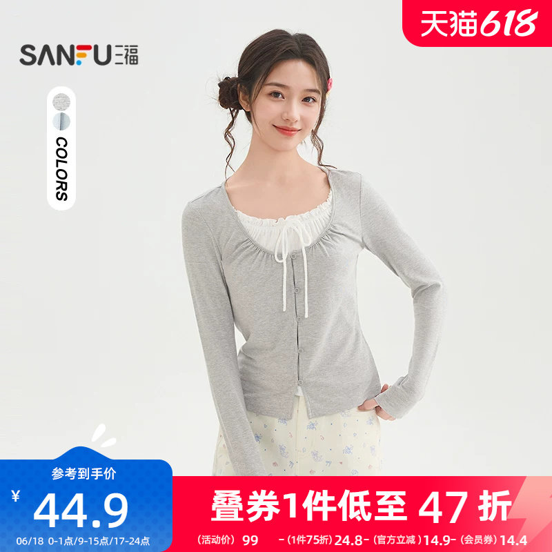 三福长袖T恤女2026新款春季小个子绑带假两件短款上衣女装517366