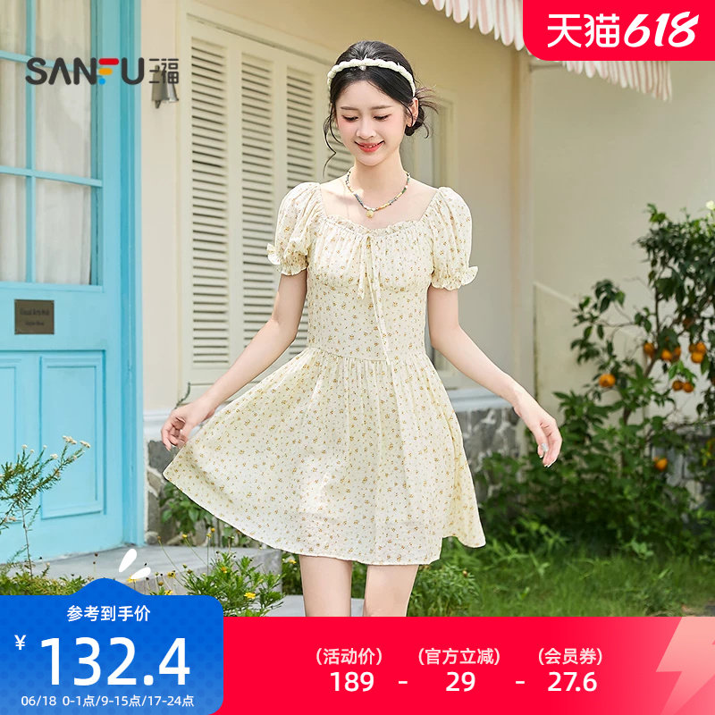 三福泡泡袖连衣裙2026新款夏季甜美绑带收腰碎花短裙子女装522021