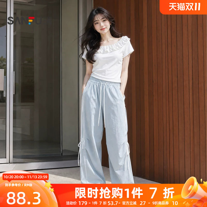 三福休闲裤2026夏季侧边织带绑带松紧腰直筒长裤女装525495