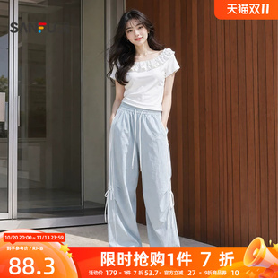 三福休闲裤2026夏季侧边织带绑带松紧腰直筒长裤女装525495