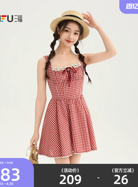 三福连衣裙女2026新款夏季绑带蕾丝格子收腰吊带短裙子女装854902