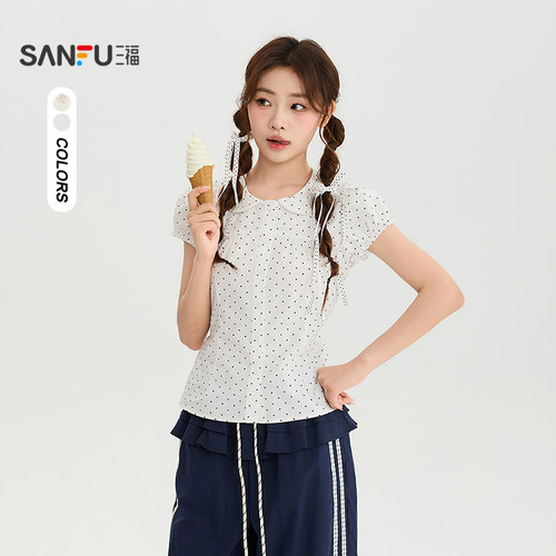 三福衬衫2026夏季花边娃娃领后背绑带休闲上衣女装528345