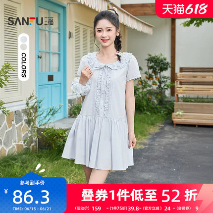 三福连衣裙2026新款夏季甜美花边翻领蝴蝶结绑带娃娃裙女装520589