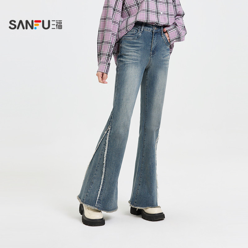 三福牛仔裤女2025新款秋季街潮复古浅蓝色毛边喇叭裤子女装499229