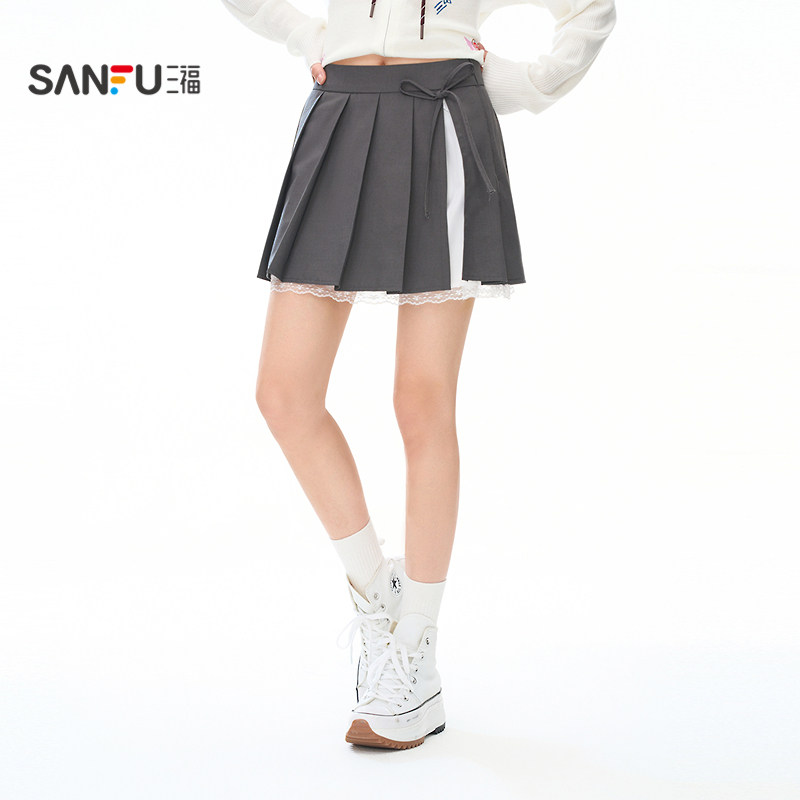 三福短裙2025新款秋季绑带蕾丝摆半身裙a字双层百褶裙女装507467