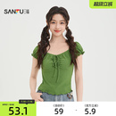 三福短袖T恤女2026新款夏季小个子V领紧身短款绿色上衣女装521881