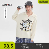 三福套头毛衣女2025秋冬搞怪猫咪图案V字翻领宽松上衣女装 510497