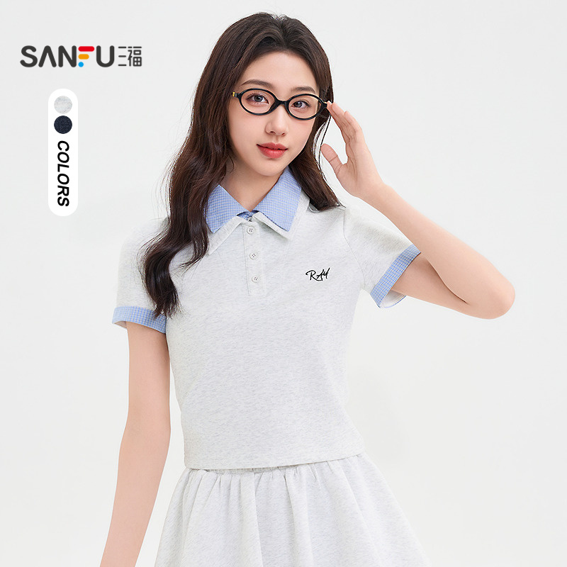 三福短袖T恤女2025新款夏季polo领撞色假两件短款上衣女装500275