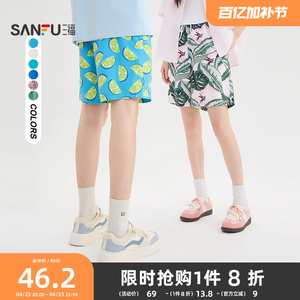 三福2025夏季新款短裤男满版图案时尚度假风情侣橡筋腰宽松裤子