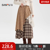 511156 巨好看 冬季 不规则拼接摆格子半身裙女装 三福长裙2025新款