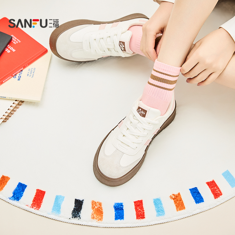 三福低帮板鞋女夏季运动老钱风经典德训鞋撞色双杠女鞋833687