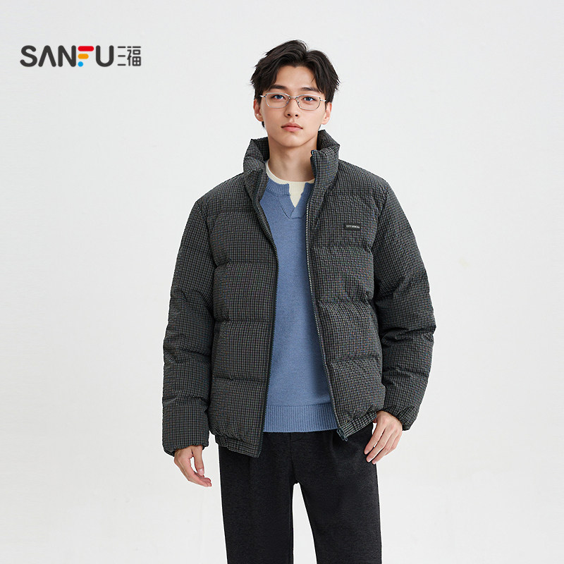 三福2025冬季男士肌理格子羽绒服 时尚立领宽松保暖外套511864